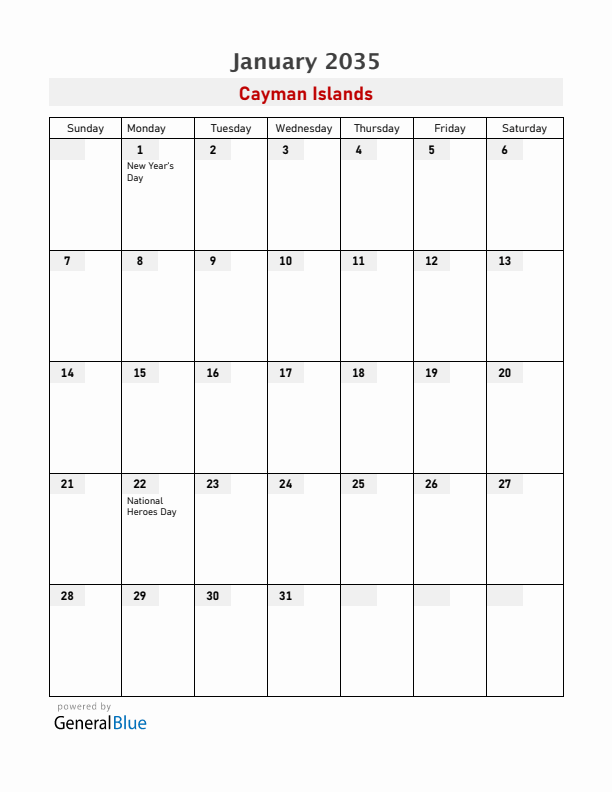 Cayman Islands January 2035 Calendar with Holidays