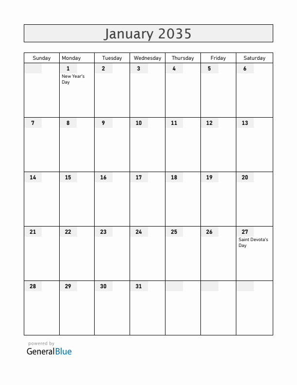 Monaco January 2035 Calendar with Holidays