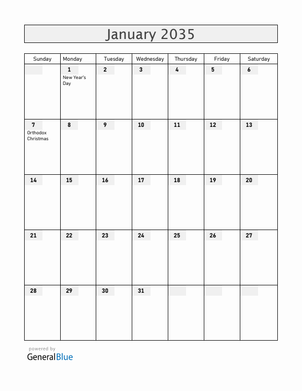 Moldova January 2035 Calendar with Holidays