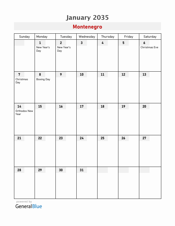 Montenegro January 2035 Calendar with Holidays