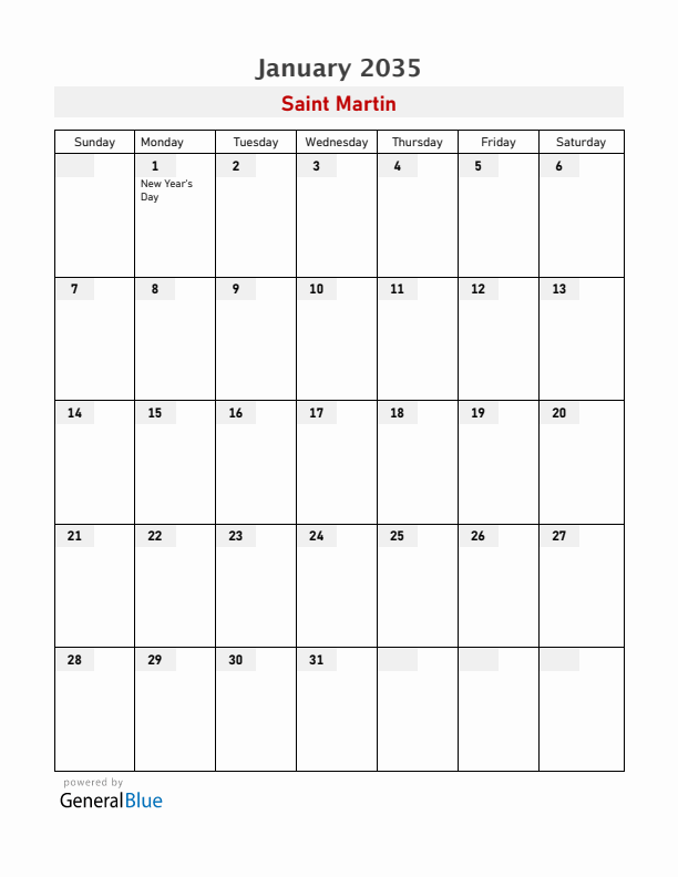 Saint Martin January 2035 Calendar with Holidays