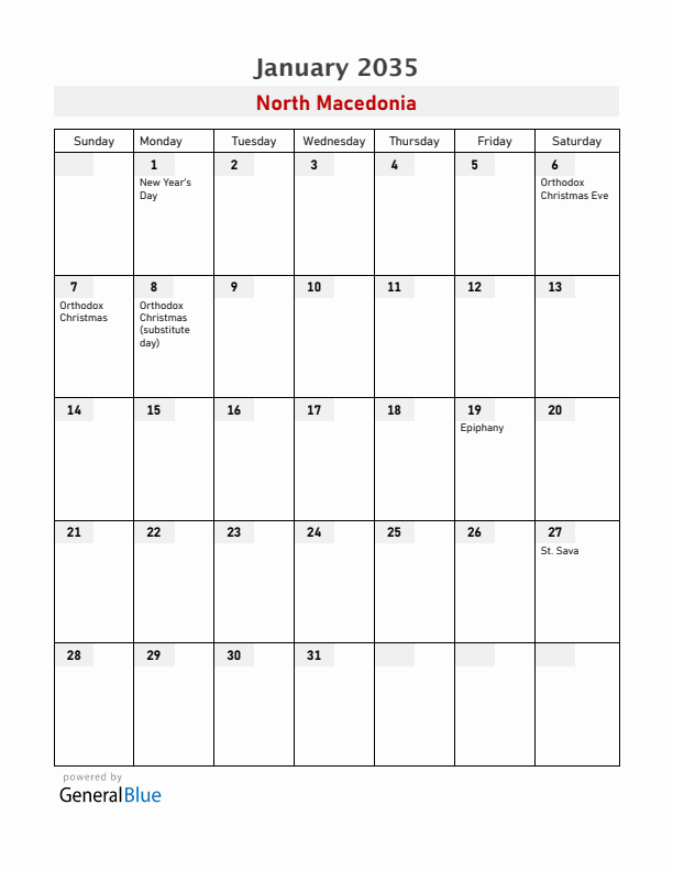 North Macedonia January 2035 Calendar with Holidays