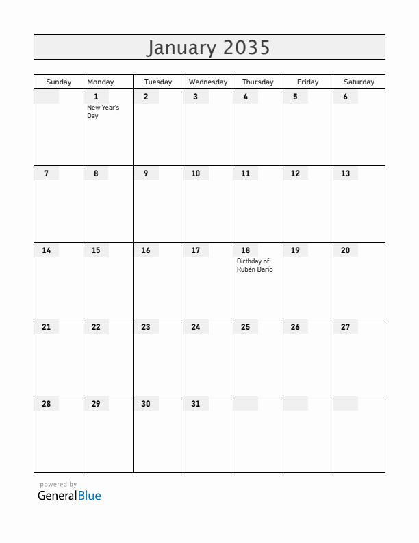 Nicaragua January 2035 Calendar with Holidays
