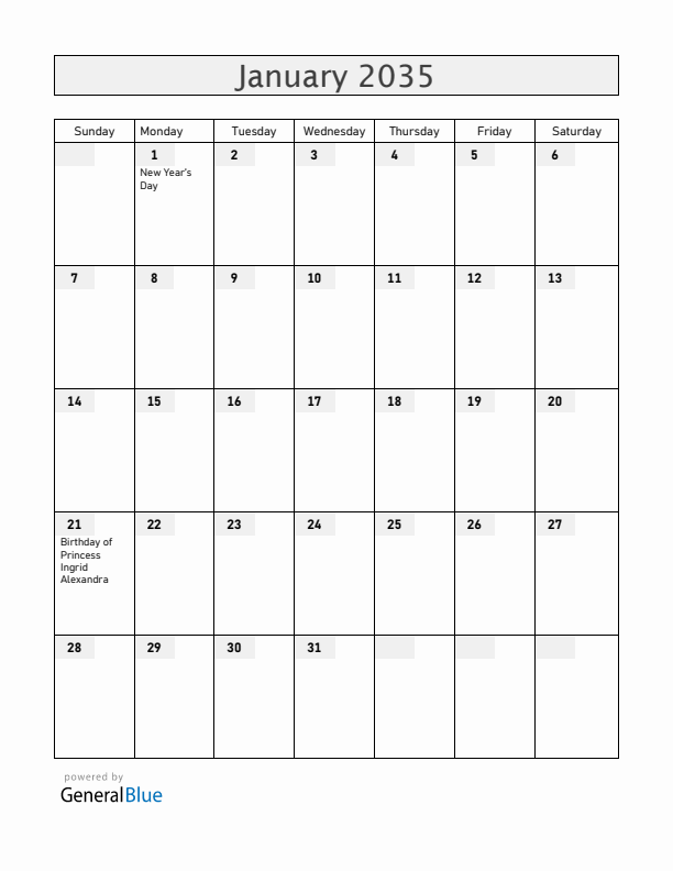 Norway January 2035 Calendar with Holidays