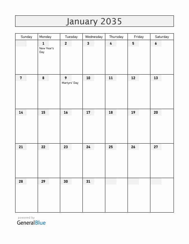 Panama January 2035 Calendar with Holidays