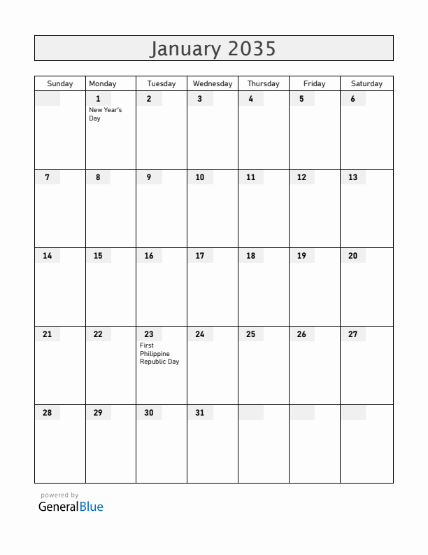 Philippines January 2035 Calendar with Holidays