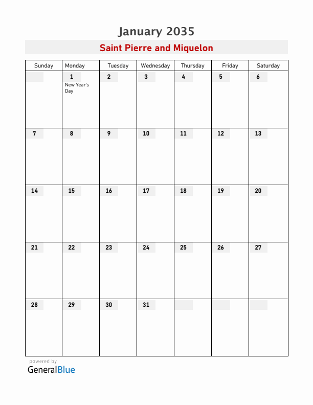 Saint Pierre and Miquelon January 2035 Calendar with Holidays
