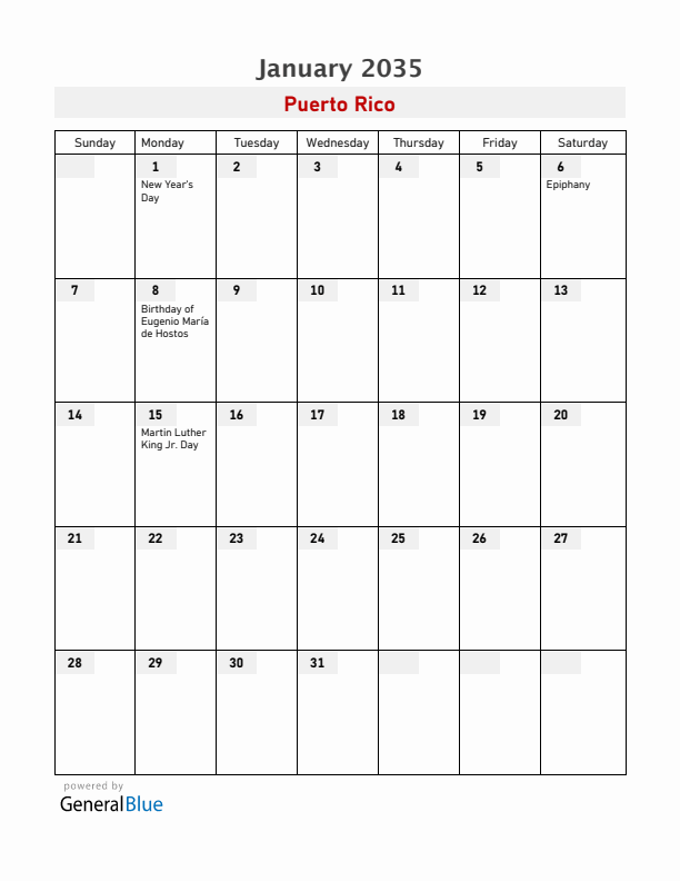 Puerto Rico January 2035 Calendar with Holidays