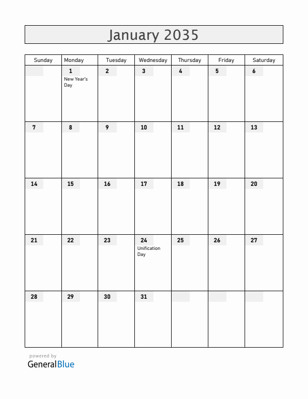 Romania January 2035 Calendar with Holidays
