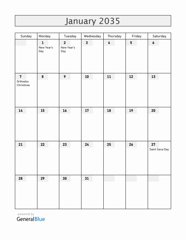 Serbia January 2035 Calendar with Holidays