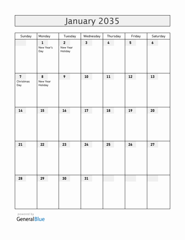 Russia January 2035 Calendar with Holidays