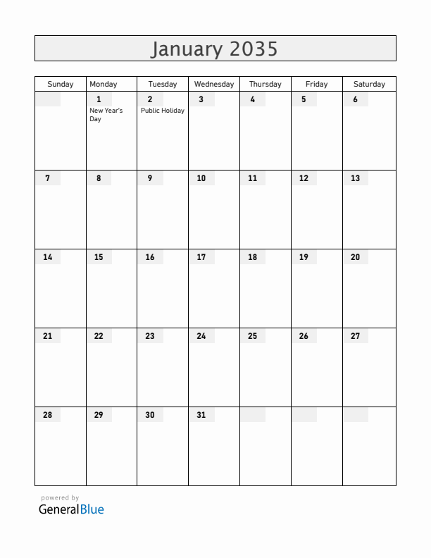 Rwanda January 2035 Calendar with Holidays