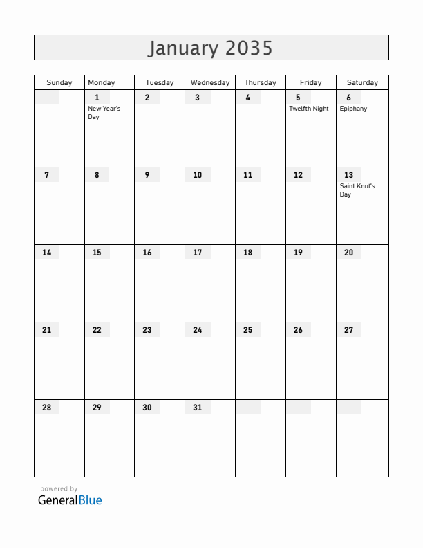 Sweden January 2035 Calendar with Holidays