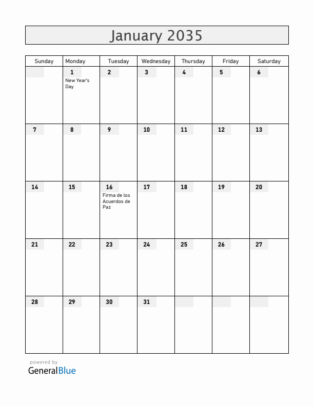 El Salvador January 2035 Calendar with Holidays