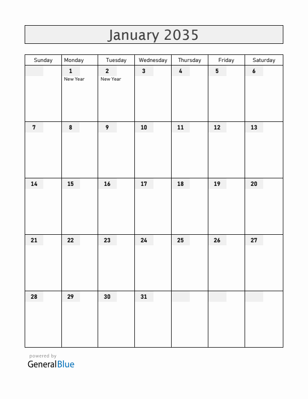 Ukraine January 2035 Calendar with Holidays