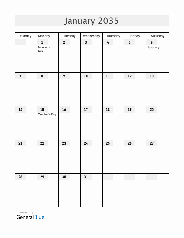 Venezuela January 2035 Calendar with Holidays