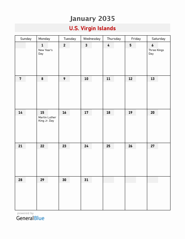 U.S. Virgin Islands January 2035 Calendar with Holidays