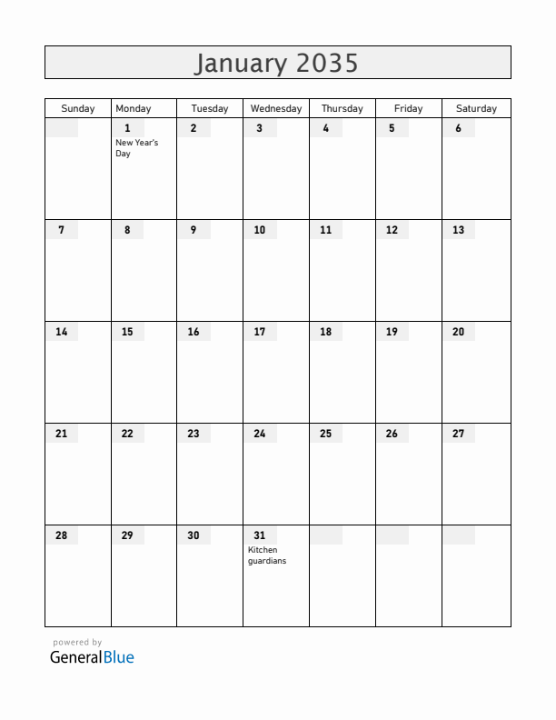 Vietnam January 2035 Calendar with Holidays