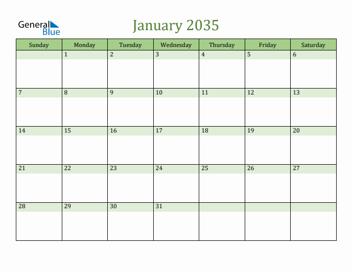 January 2035 Calendar with Sunday Start