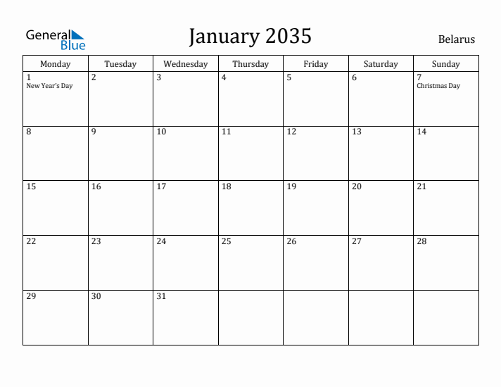 January 2035 Calendar Belarus