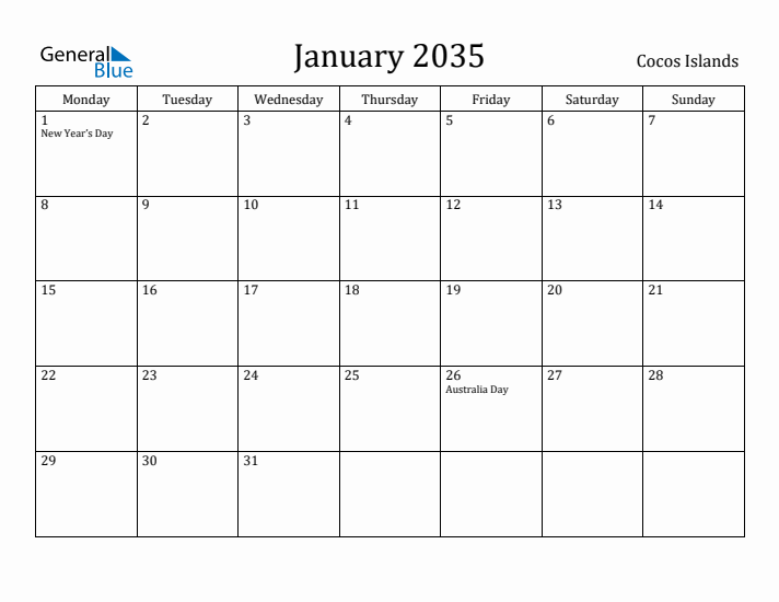 January 2035 Calendar Cocos Islands