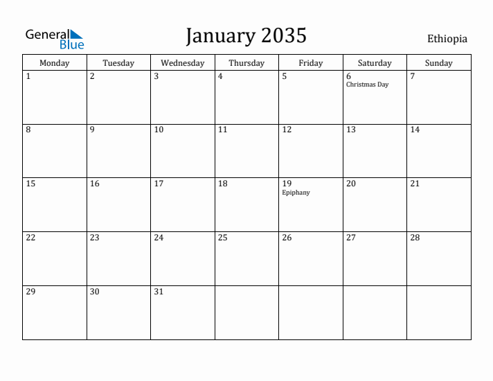 January 2035 Calendar Ethiopia