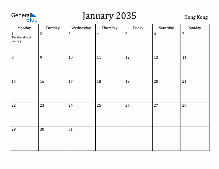 January 2035 Calendar Hong Kong