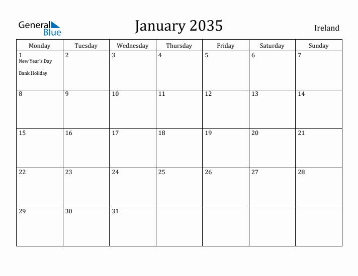 January 2035 Calendar Ireland