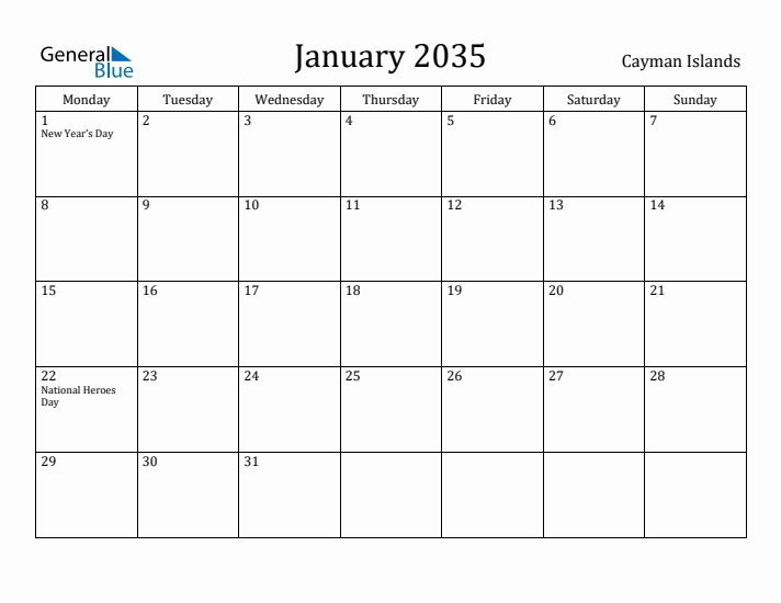 January 2035 Calendar Cayman Islands