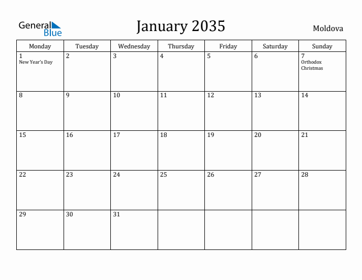 January 2035 Calendar Moldova