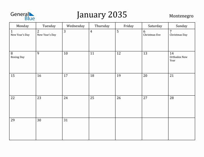January 2035 Calendar Montenegro