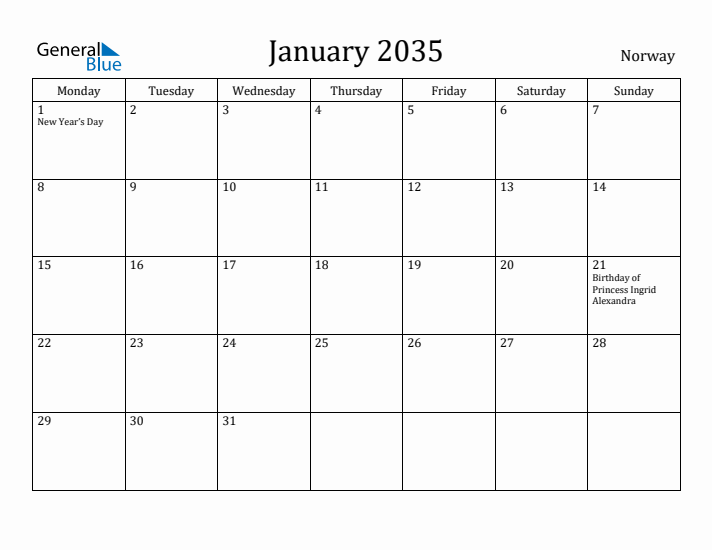January 2035 Calendar Norway