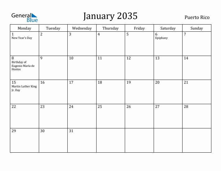 January 2035 Calendar Puerto Rico