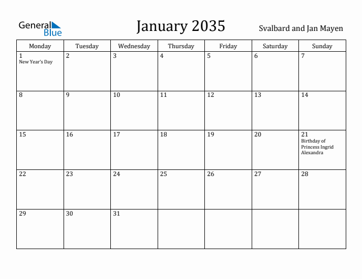 January 2035 Calendar Svalbard and Jan Mayen