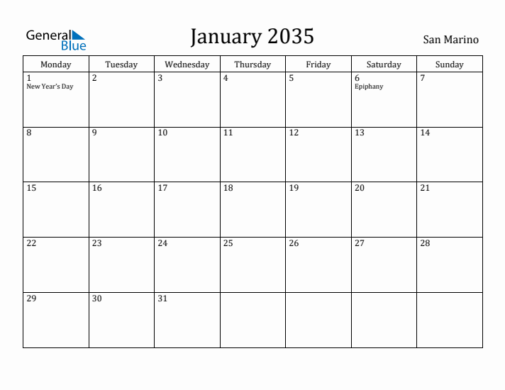 January 2035 Calendar San Marino