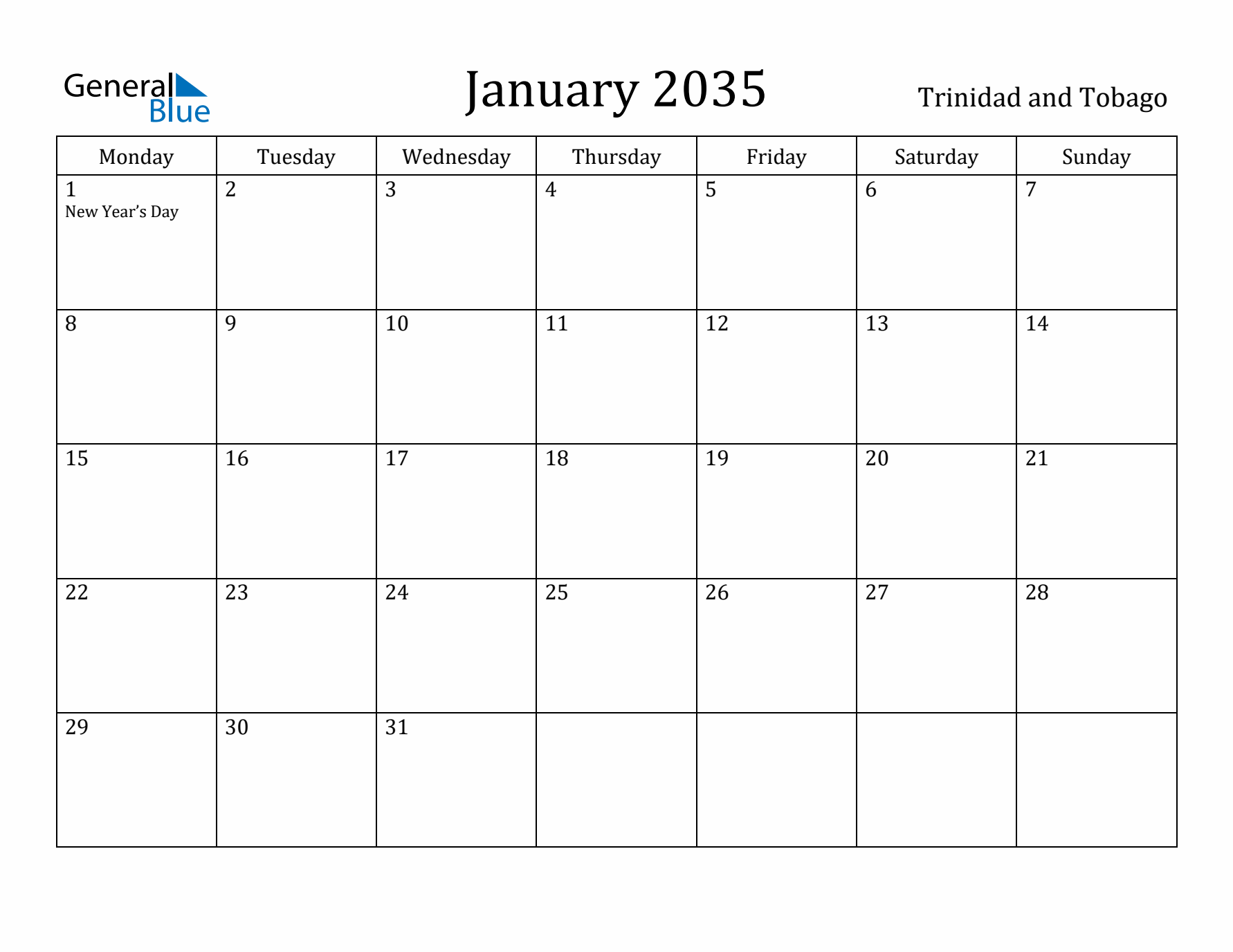 January 2035 Calendar Trinidad and Tobago