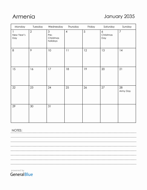 January 2035 Armenia Calendar with Holidays (Monday Start)