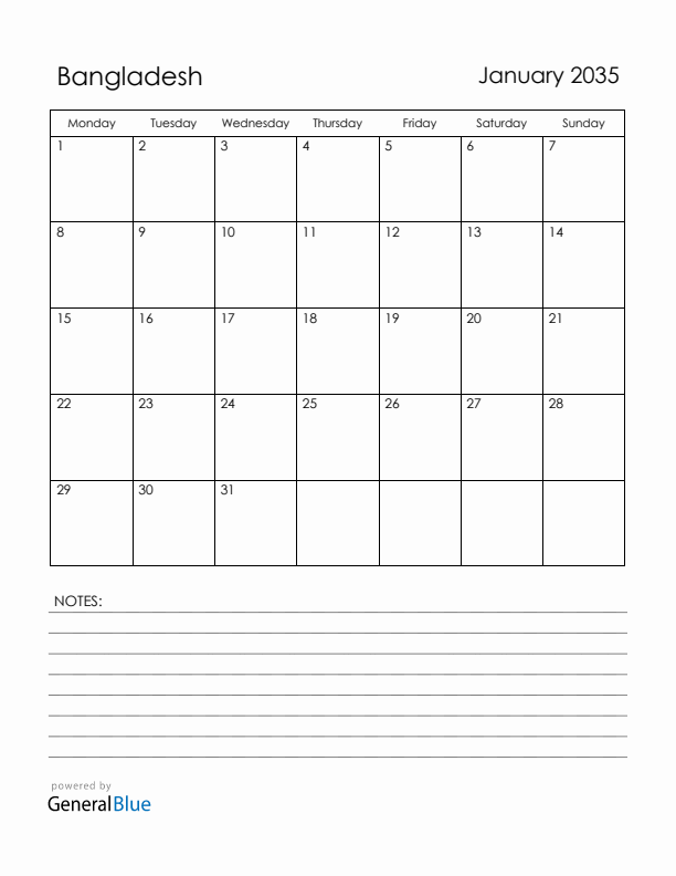 January 2035 Bangladesh Calendar with Holidays (Monday Start)