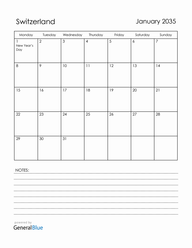 January 2035 Switzerland Calendar with Holidays (Monday Start)