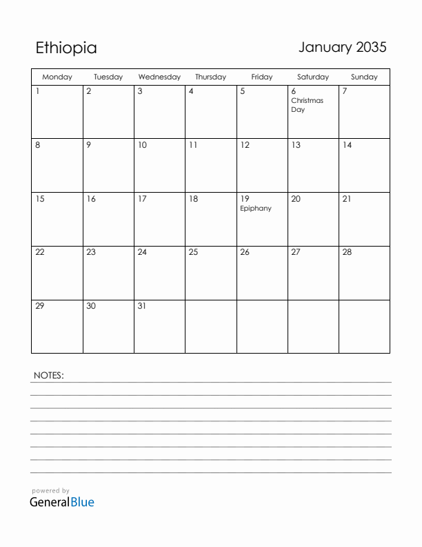 January 2035 Ethiopia Calendar with Holidays (Monday Start)