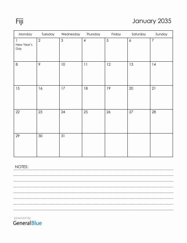 January 2035 Fiji Calendar with Holidays (Monday Start)