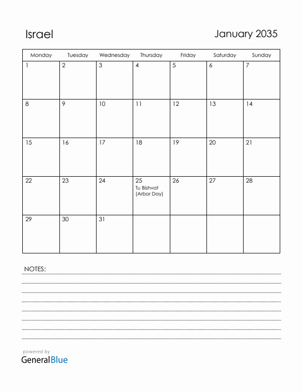 January 2035 Israel Calendar with Holidays (Monday Start)