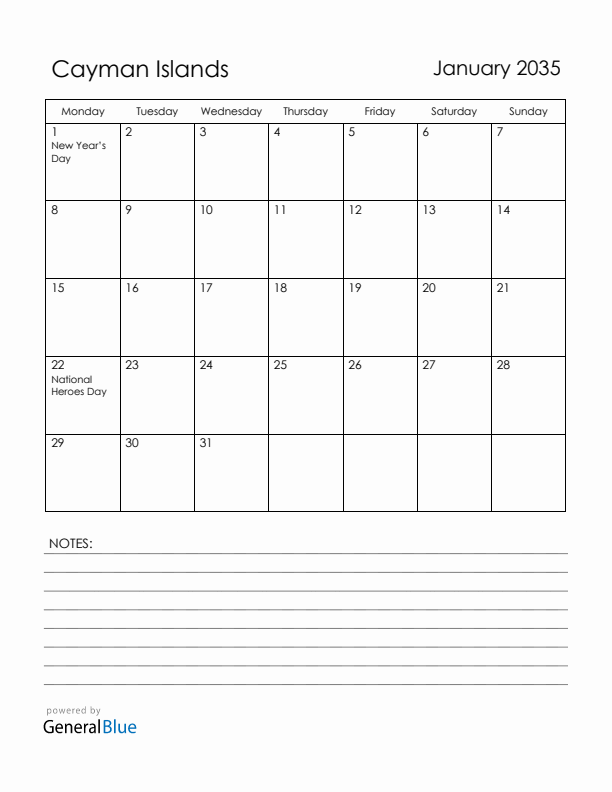 January 2035 Cayman Islands Calendar with Holidays (Monday Start)