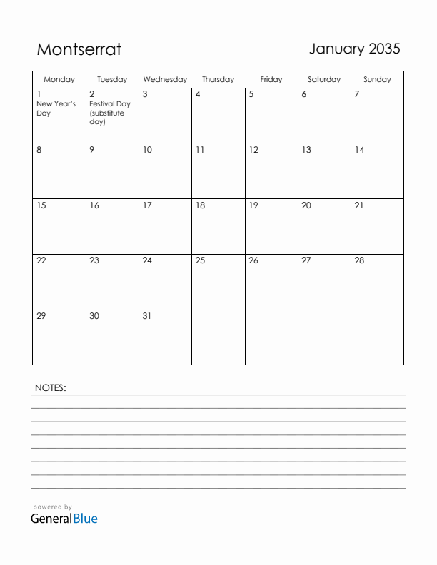 January 2035 Montserrat Calendar with Holidays (Monday Start)