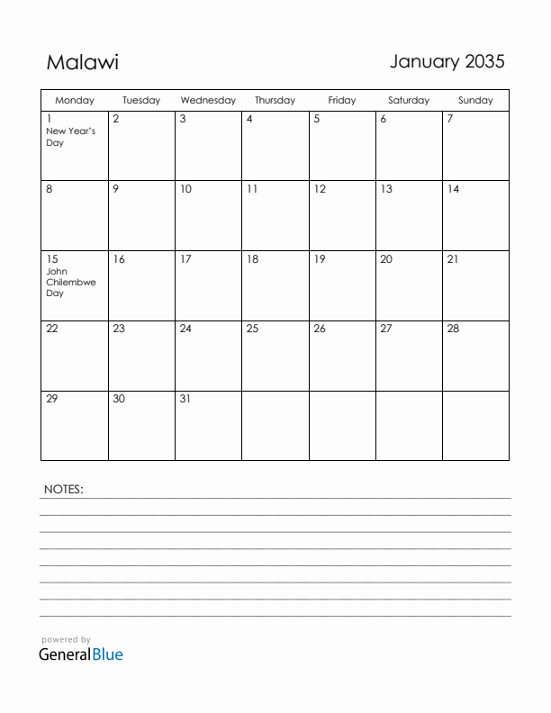January 2035 Malawi Calendar with Holidays (Monday Start)