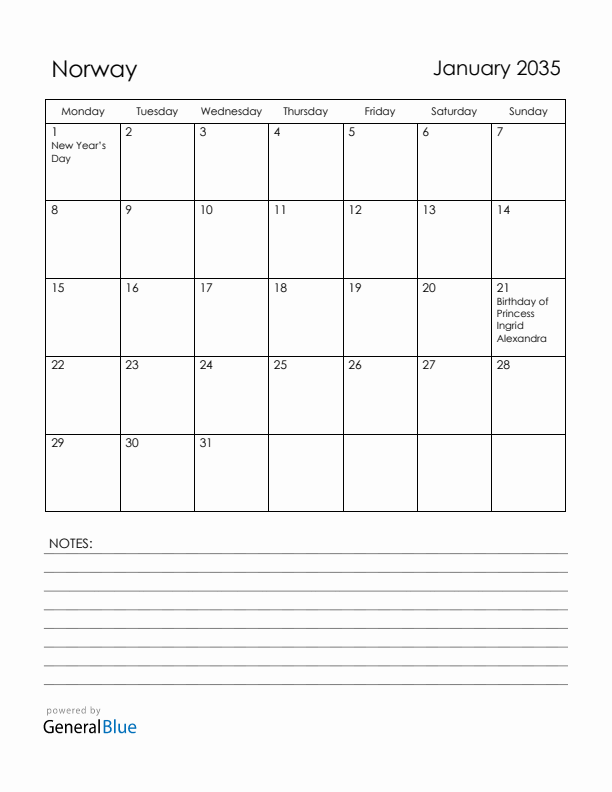 January 2035 Norway Calendar with Holidays (Monday Start)