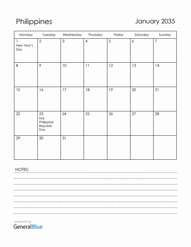 January 2035 Philippines Calendar with Holidays (Monday Start)