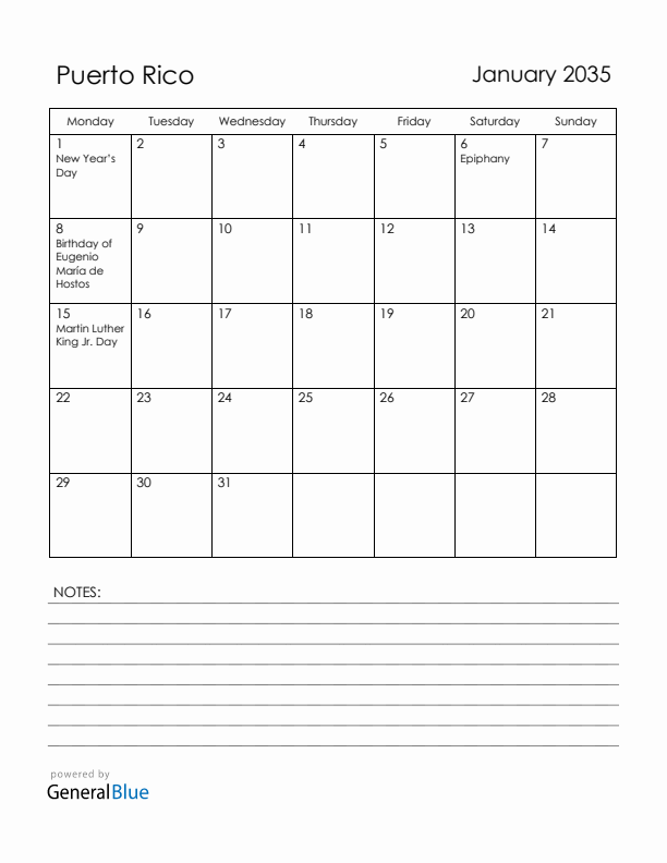 January 2035 Puerto Rico Calendar with Holidays (Monday Start)