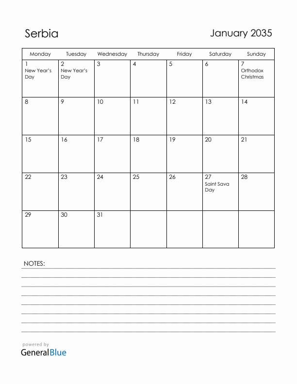 January 2035 Serbia Calendar with Holidays (Monday Start)