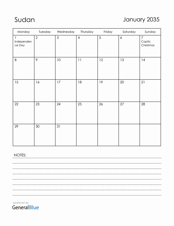 January 2035 Sudan Calendar with Holidays (Monday Start)